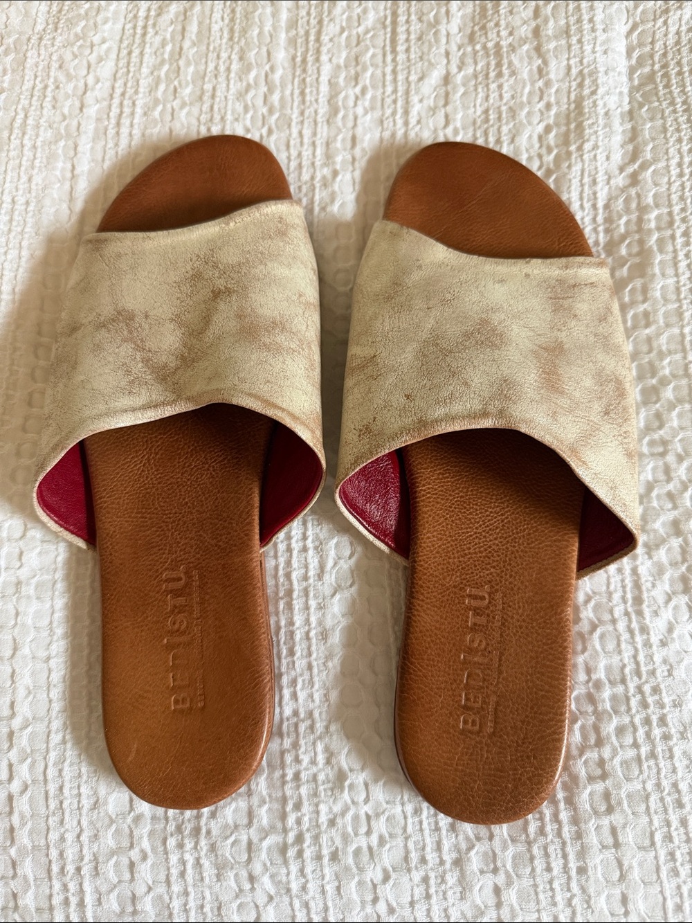 Bed Stu Cream Slide Sandals with Brown Footbed and Red Lining